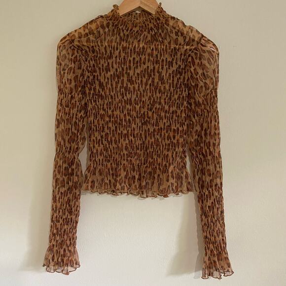 Free People Hello There Mesh Smocked Top Leopard Size Small - Picture 5 of 12